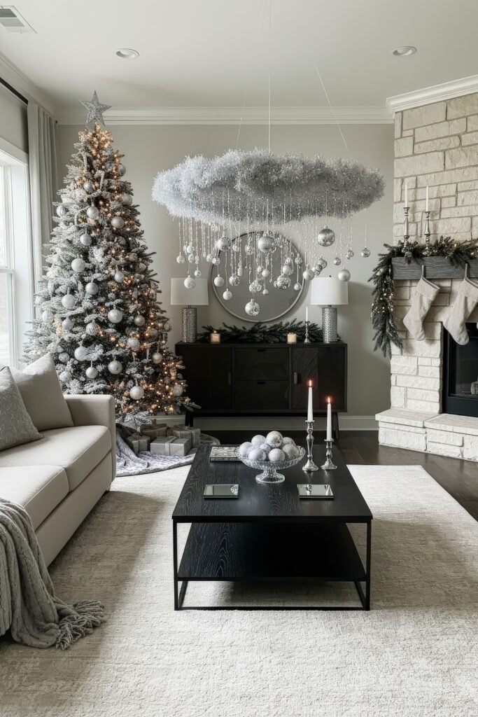 Cozy, Modern Magic for Your christmas living room 6 A sophisticated holiday living room with a frosted silver tree, white stockings on a stone fireplace, and a striking silver tinsel chandelier above a black coffee table.