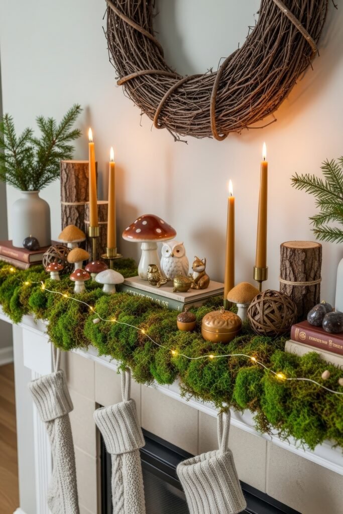 Whimsical woodland-inspired mantle with moss, candles, ceramic mushrooms, woodland figurines, and knit stockings below.
