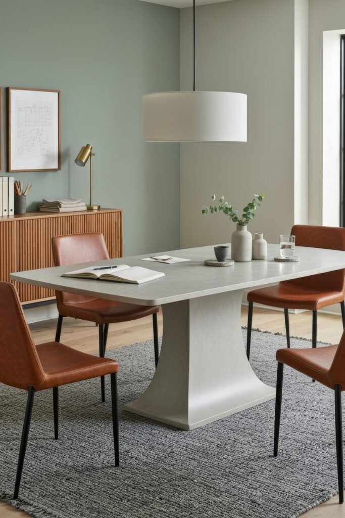 Design-Forward Ways to Style a Dining Room Office Combo 6 Modern dining room office combo with a concrete pedestal table, caramel leather chairs, and a green accent wall, styled with books and ceramics.