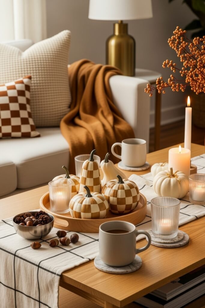 Modern, Cozy Ideas for Fall Thanksgiving Décor 6 A cozy living room coffee table with checkered pumpkins, candles, mugs, and acorns arranged on a plaid runner for a playful Thanksgiving décor.