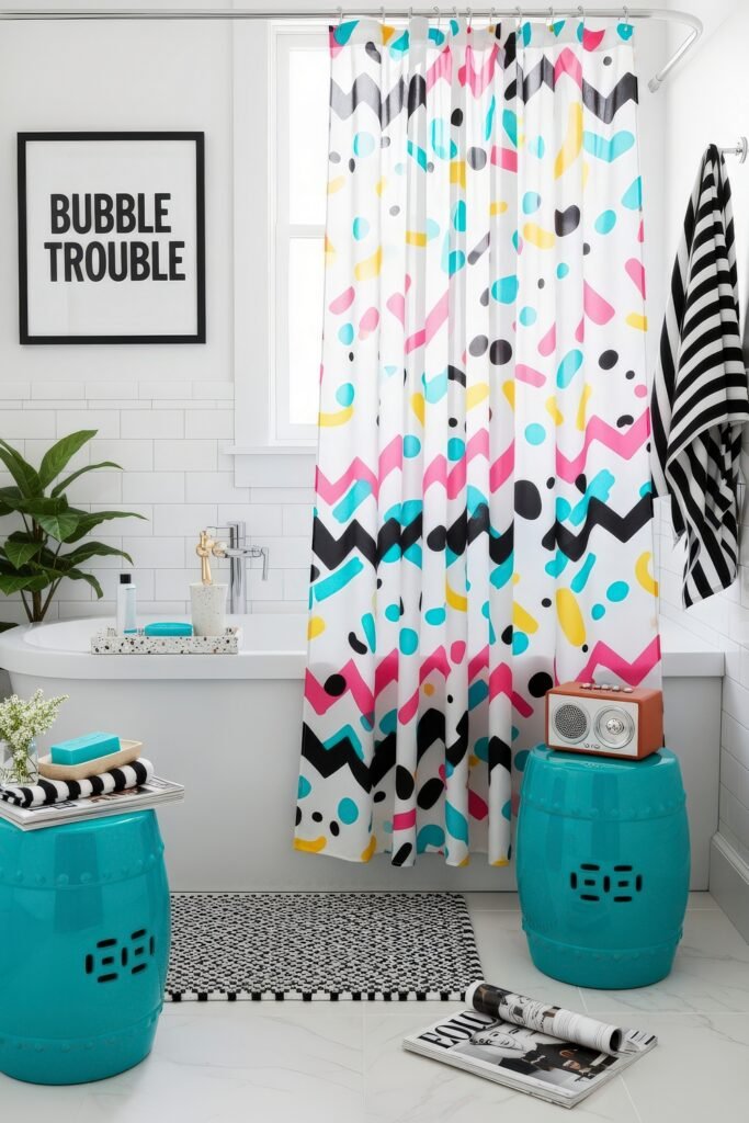 Small Changes, Big Smiles with funny bathroom decor 5 Colorful bathroom decor with a vibrant patterned shower curtain, turquoise stools, and a wall print that adds playful and funny bathroom decor charm.