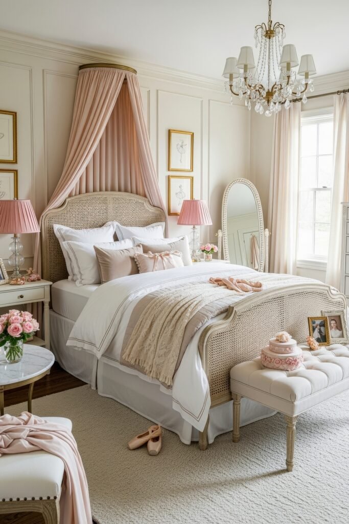 Fresh girls bedroom ideas for a stylish, cozy escape 6 Classic bedroom with a blush pink canopy, tufted bench, and elegant neutral bedding with lace details.