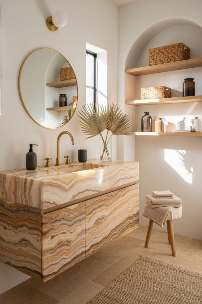 Bathroom Decor Inspo: Fresh Ideas for gold bathroom decor 6 Light-filled bathroom with a striking onyx vanity, gold faucet, round mirror, built-in shelves with woven baskets, and folded towels on a wooden stool.