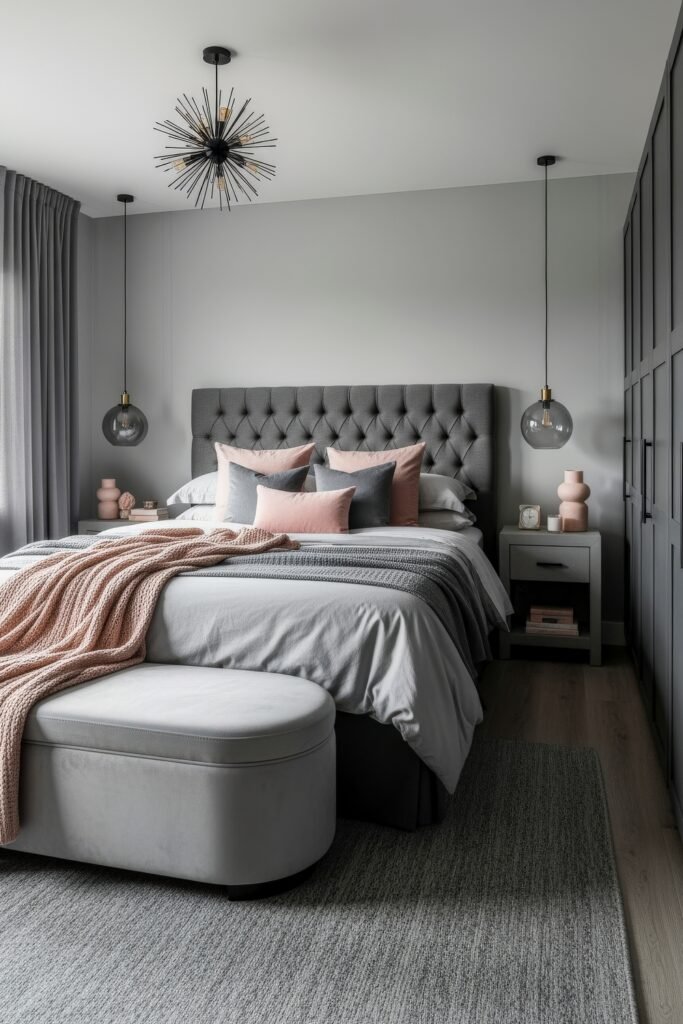Grey bedroom ideas for a calm, stylish retreat 6 Contemporary grey bedroom with a tufted headboard, blush accent pillows, knit throw, and statement lighting.