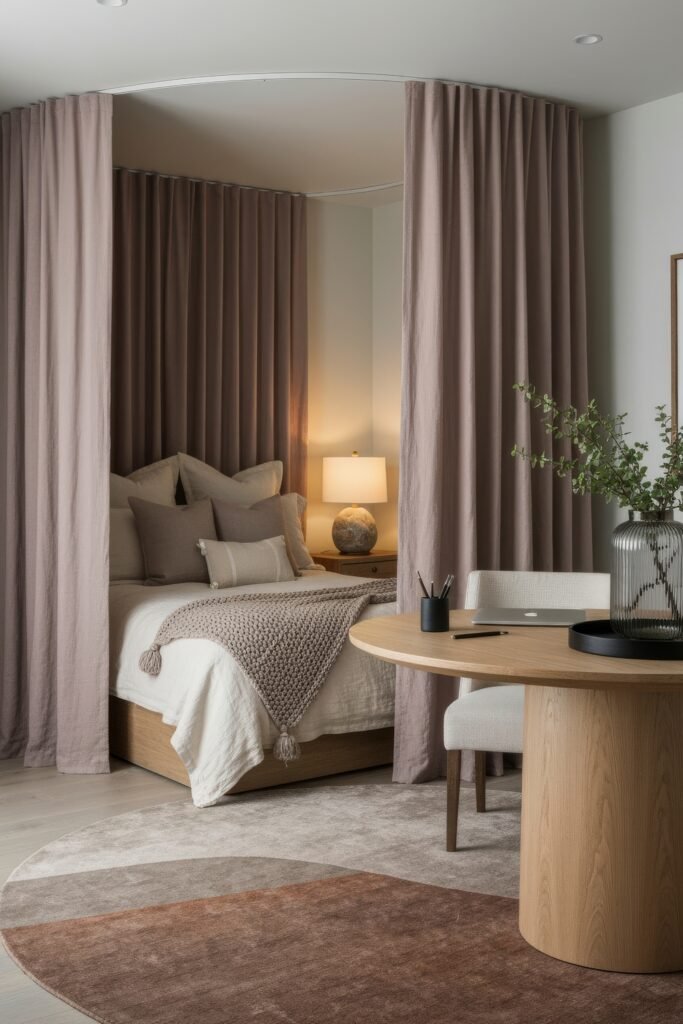 Clever Ways to Style a Home Office Guest Room Combo 6 Elegant guest room and office combo where a round wood table serves as a desk, set beside a bed partially enclosed with mauve curtains.