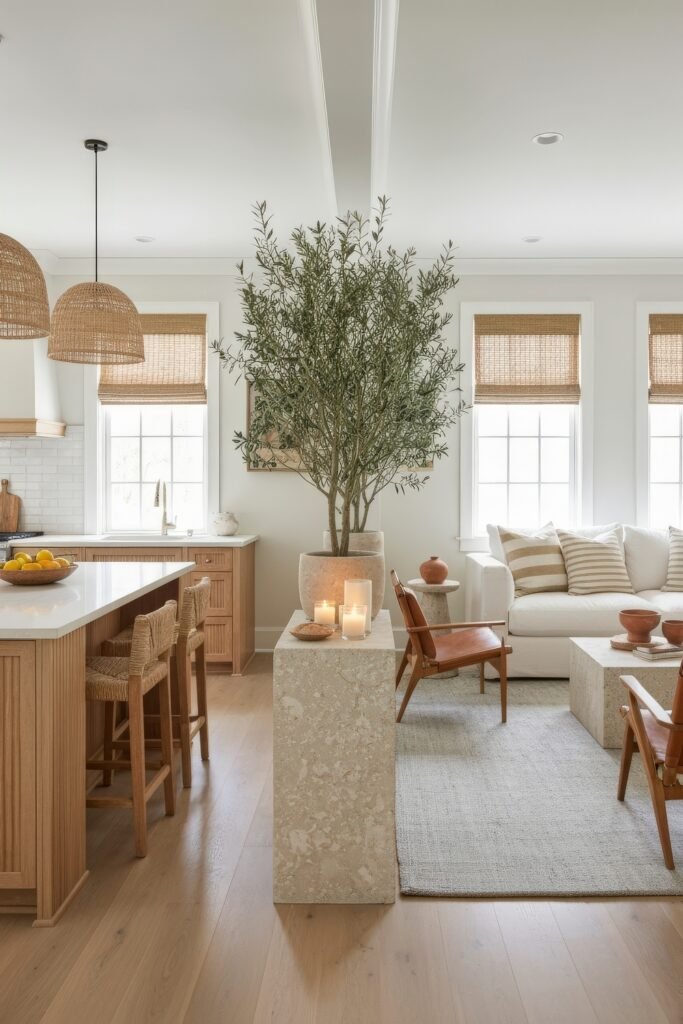 Smart Ways to Style a Kitchen and Living Room Combo 6 Nature-inspired kitchen and living room combo featuring a tall potted tree, candles on a stone pedestal, natural wood tones, and a light-filled layout with relaxed coastal styling.