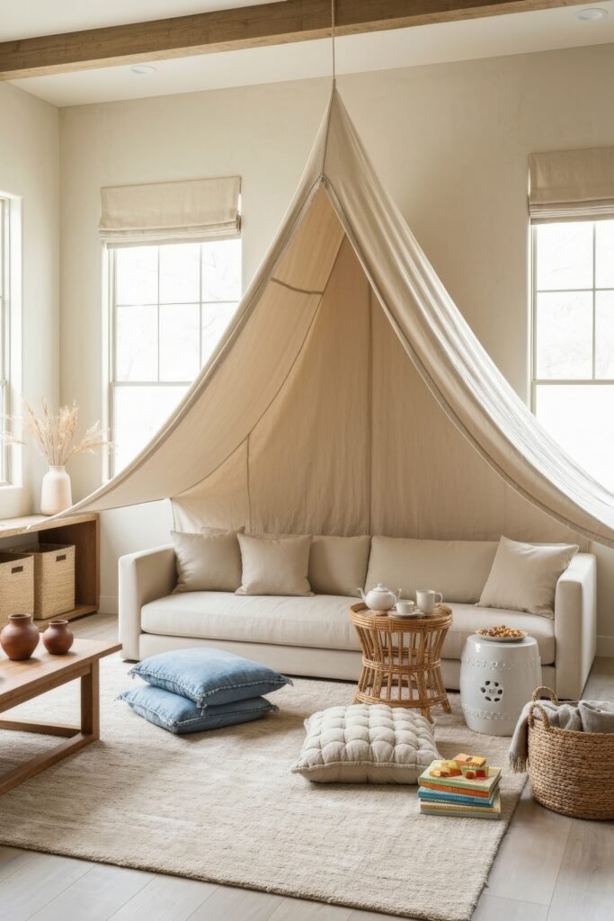 A Living Room Playroom Combo That Works 6 Warm playroom featuring a beige sofa under a draped fabric tent, layered rugs, floor cushions, and a wicker side table for a whimsical hideaway feel.