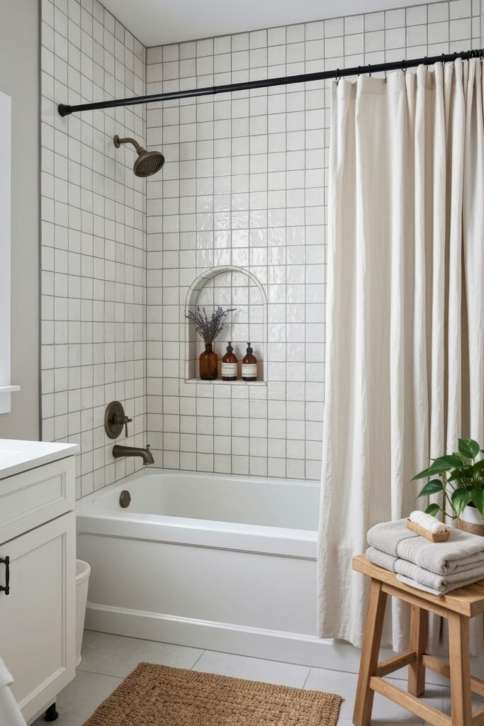 Fresh, Stylish Ways To Elevate Your Tub Shower Combo 6 Modern bathroom with a tub shower combo, white square tiles, built-in arched niche holding amber bottles, beige curtain, and wood stool with folded towels.
