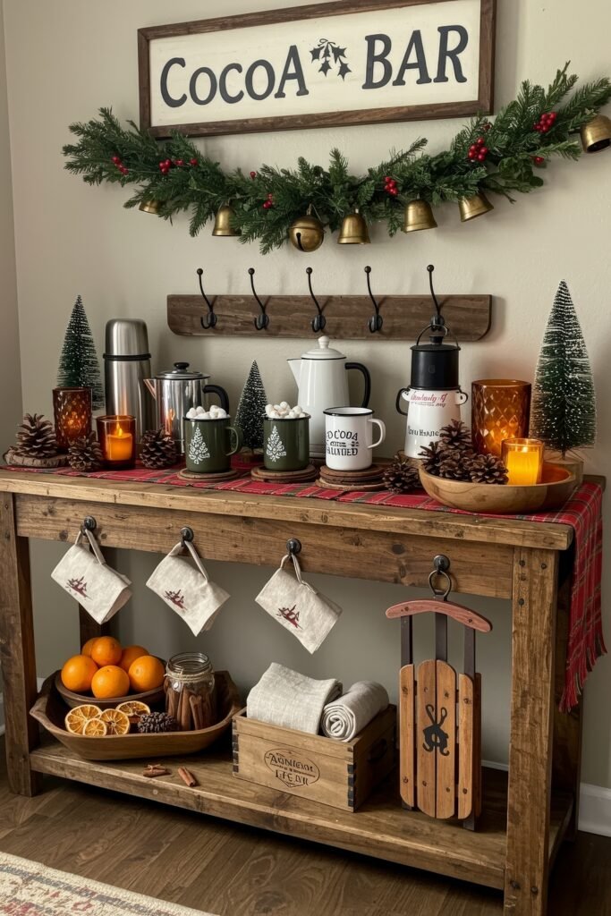 Cozy, Collected Magic With Vintage Christmas Decor Ideas 6 Rustic wooden table styled as a hot cocoa bar, with mugs of cocoa topped with marshmallows, thermoses, candles, pinecones, oranges, and a plaid runner beneath a garland and bells, giving a cozy Christmas décor touch.