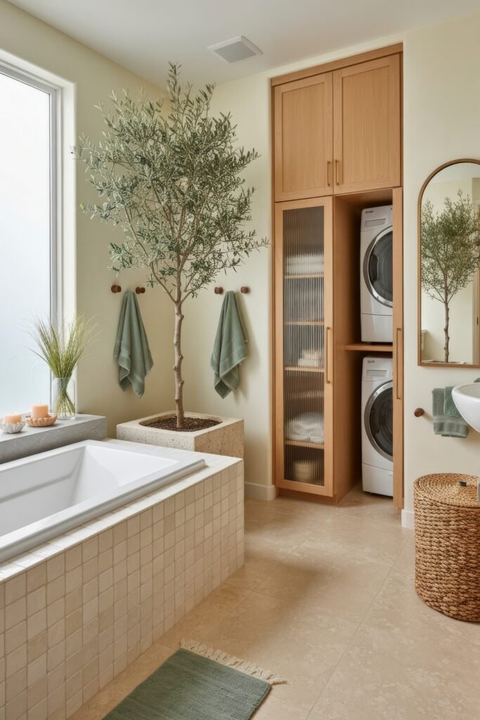 Stylish Small Spaces: Bathroom Laundry Combo 6 Spa-like bathroom with a soaking tub, potted tree, and a compact laundry nook with stacked washer and dryer in a wood cabinet enclosure.
