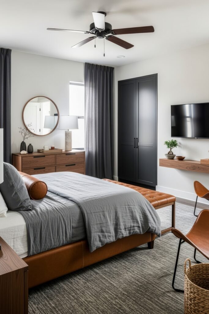 Effortlessly Stylish bedroom ideas for men That Feel Personal 7 Airy and cohesive bedroom featuring a leather bedframe, ceiling fan, warm wood furnishings, and layered textiles, ideal for relaxed bedroom ideas for men.