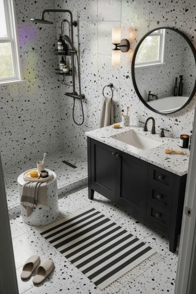 Fresh Ideas for Black and White Bathroom Decor 7 Terrazzo-tiled bathroom with a minimalist black vanity, striped rug, round mirror, and walk-in shower, styled with neutral decor and soft lighting.