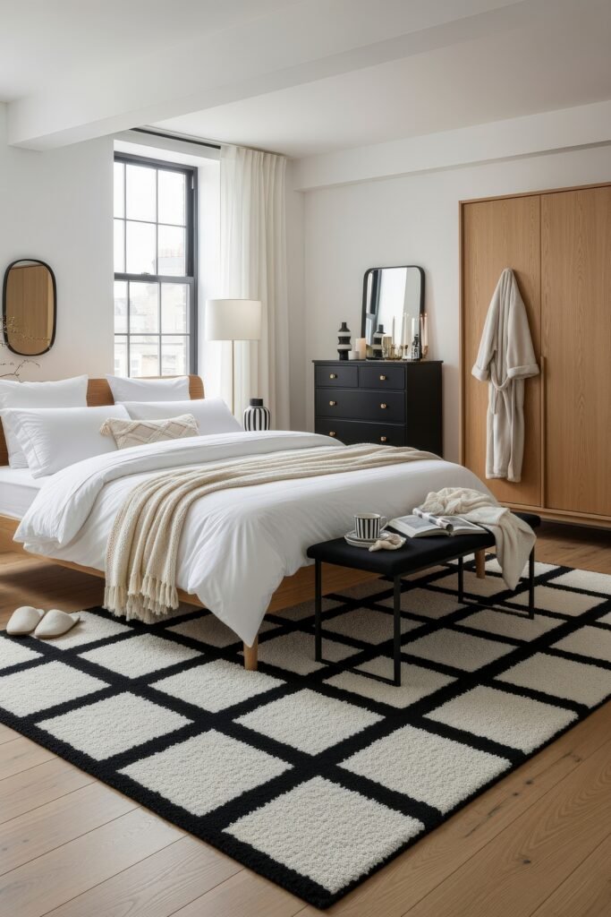 Bright bedroom showcasing a wood bed frame, white bedding with neutral throws, a black dresser, and a geometric patterned rug in black and white.