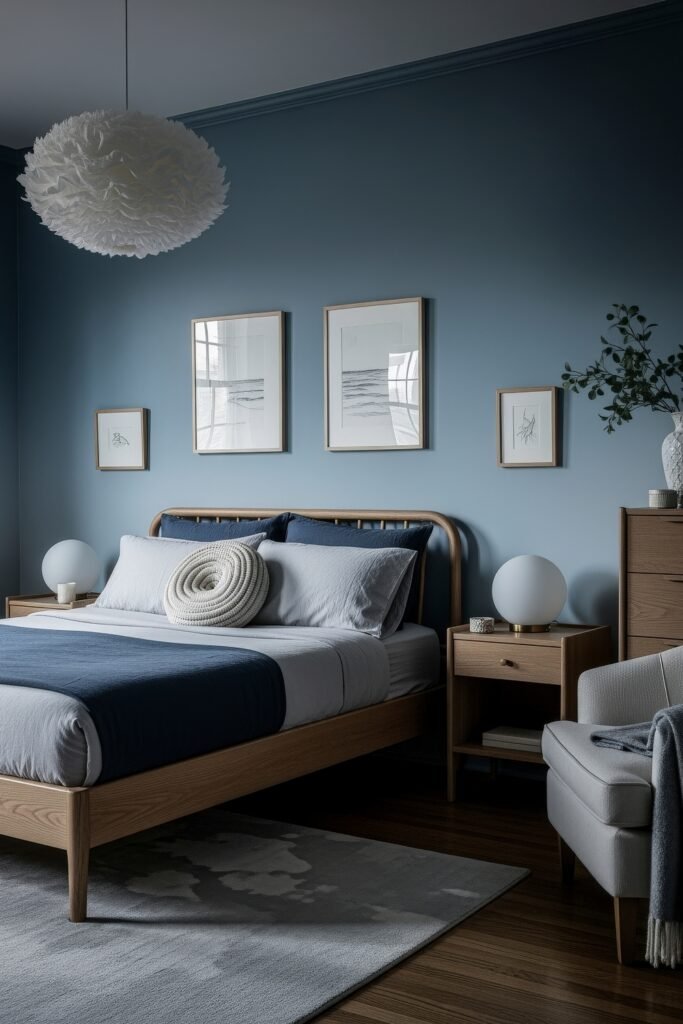 Fresh blue bedroom ideas for a calm, chic retreat 7 Serene bedroom with matte blue walls, wood bed frame, layered blue and gray bedding, abstract wall art, and soft round lighting.