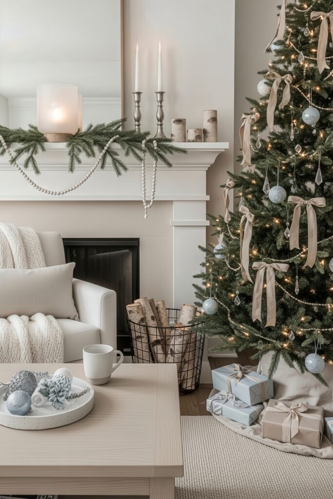 Cozy Holiday Magic With Blue Christmas Décor 7 Elegant holiday setup with a tree trimmed in pale blue baubles and beige ribbon, styled beside a white fireplace mantel draped with greenery and pearls, evoking a peaceful Christmas mood.