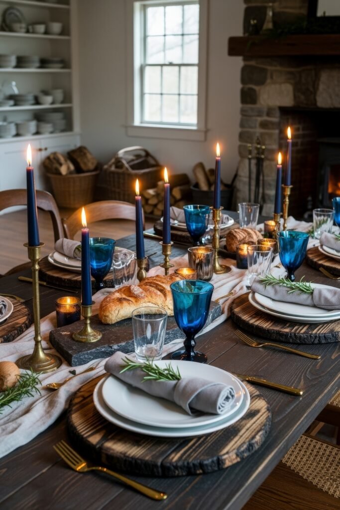 Fresh Ways to Style Blue Thanksgiving Table Décor 7 Warm Thanksgiving décor with blue candles, rustic bread, gold flatware, and deep wood serving boards.