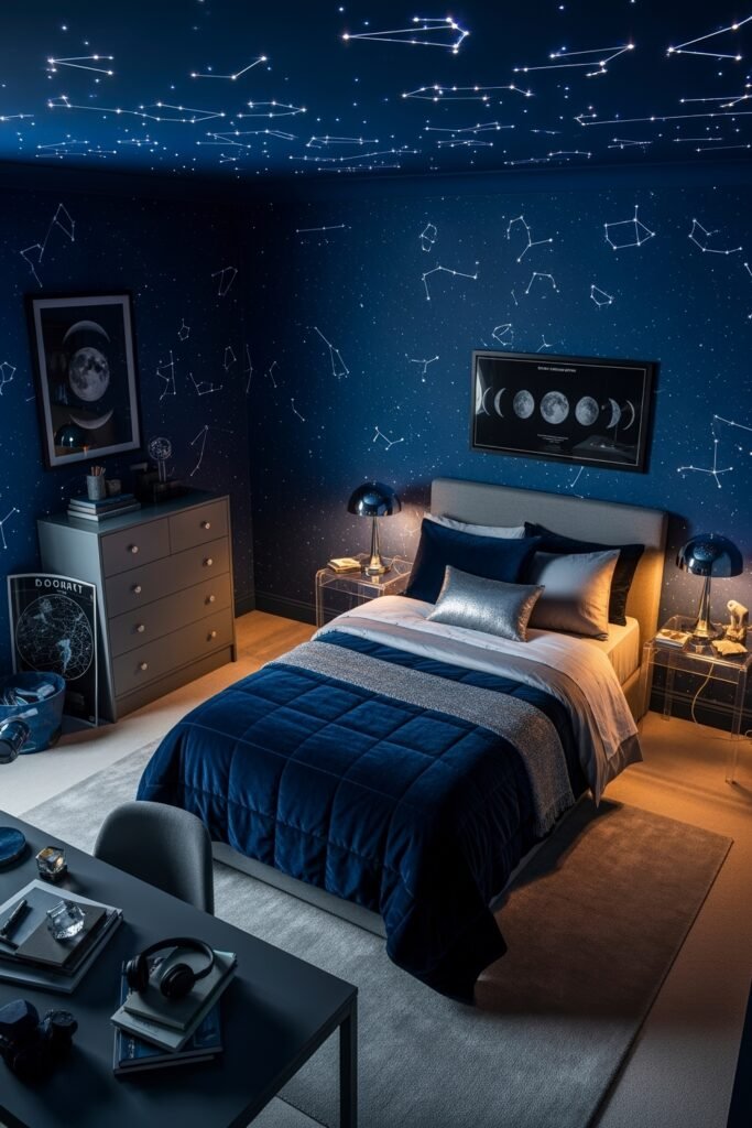 Breezy, Stylish Boys Bedroom Ideas for Modern Families 6 Astronaut-inspired bedroom with constellation-covered walls and ceiling, blue and silver bedding, moon artwork, and modern transparent nightstands, perfect for space-loving kids.