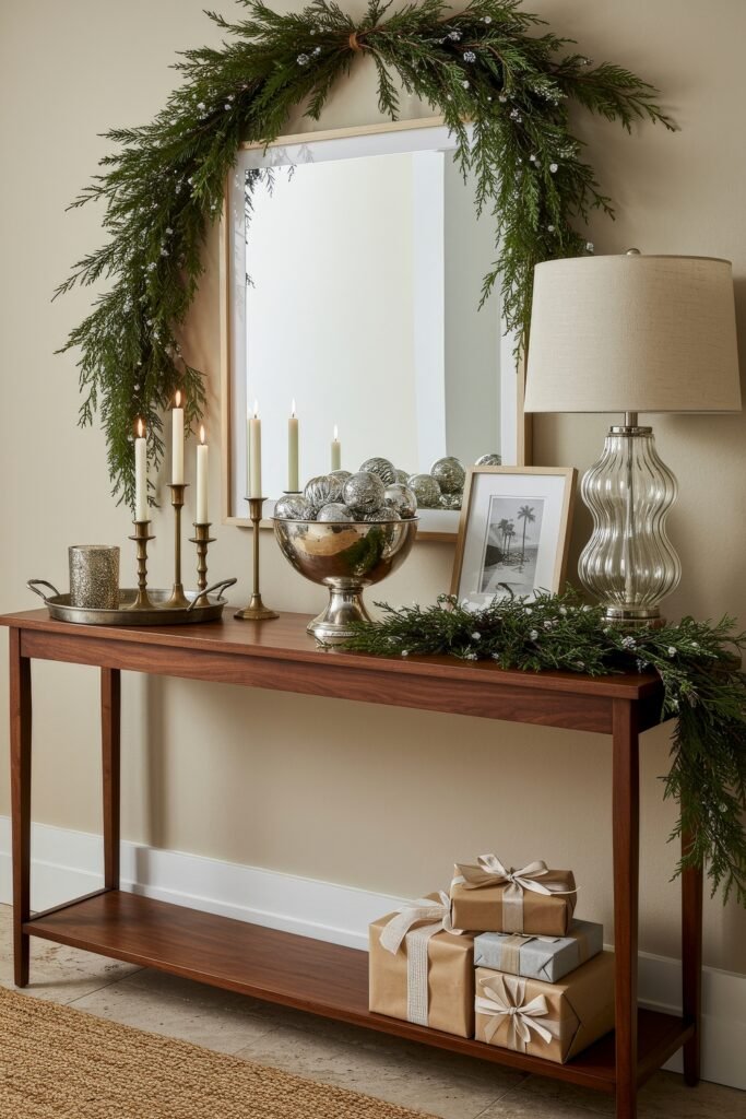 Cozy Christmas Décor for a christmas entryway 7 A Christmas entryway decorated with a mirror framed in evergreen garland, silver ornaments in a pedestal bowl, candles, and wrapped gifts below.