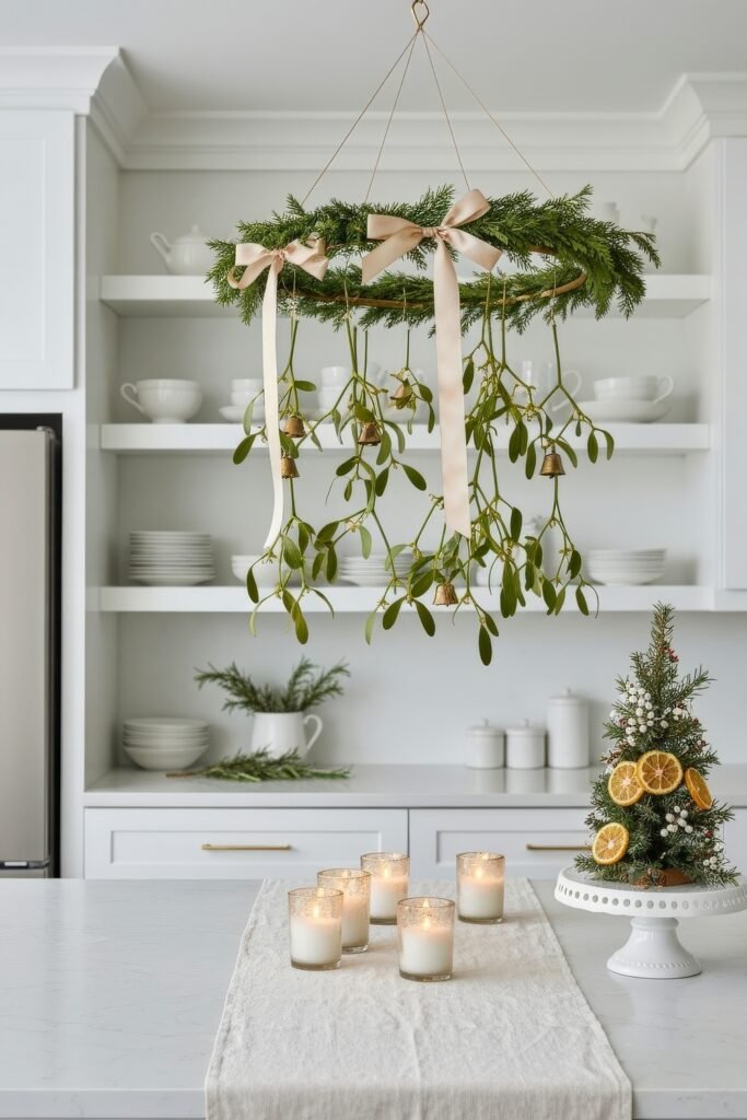 Cozy Ways to Style a Christmas Kitchen That Feels Magical 5 Sophisticated Christmas kitchen scene with a hanging evergreen wreath adorned with ribbons and bells, white candles, and a small decorated tabletop tree with dried oranges.