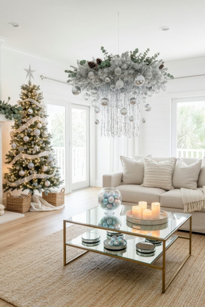 Cozy, Modern Magic for Your christmas living room 7 A light-filled christmas living room with a tree in silver and white, rattan baskets at its base, and a dramatic silver hanging arrangement above a mirrored coffee table with candles.
