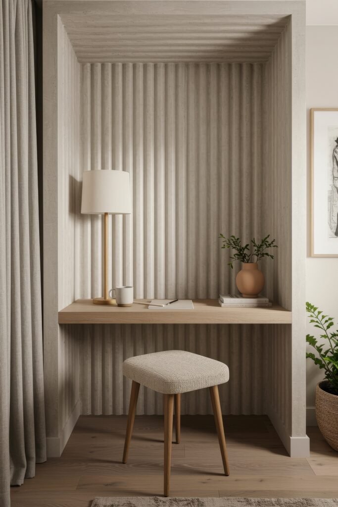 Closet Office (Cloffice) Ideas For A Chic, Calm Workspace 7 Minimal cloffice with ribbed-texture walls, wood floating desk, and a stool, styled with a lamp, mug, and terracotta vase.