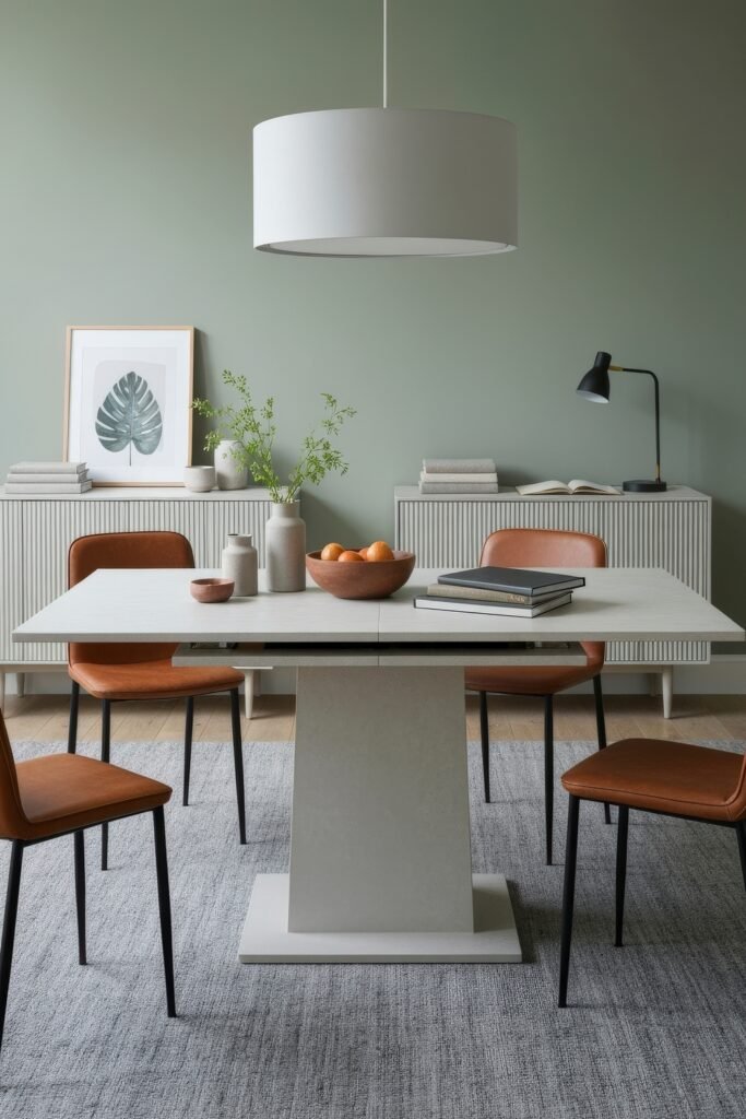Design-Forward Ways to Style a Dining Room Office Combo 7 Contemporary dining room featuring a square pedestal table with books and fruit bowl, brown leather chairs, and a soft green wall with art and lighting.