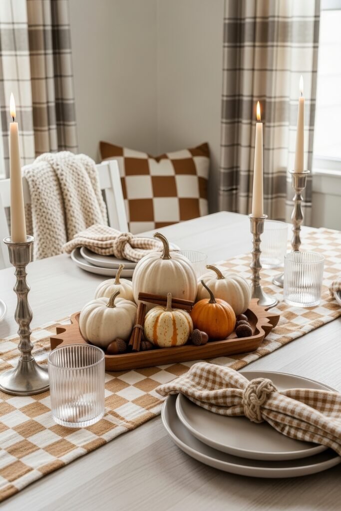 Modern, Cozy Ideas for Fall Thanksgiving Décor 7 A dining table styled with white and orange pumpkins, cinnamon sticks, acorns, and candles on a gingham runner for a farmhouse Thanksgiving décor.