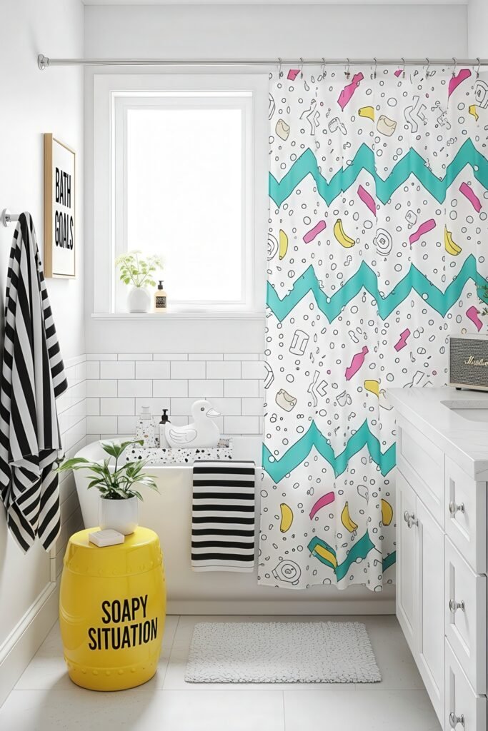 Small Changes, Big Smiles with funny bathroom decor 6 Light bathroom decor with bold geometric shower curtain, striped towels, and a yellow stool adding a fun and funny bathroom decor accent.