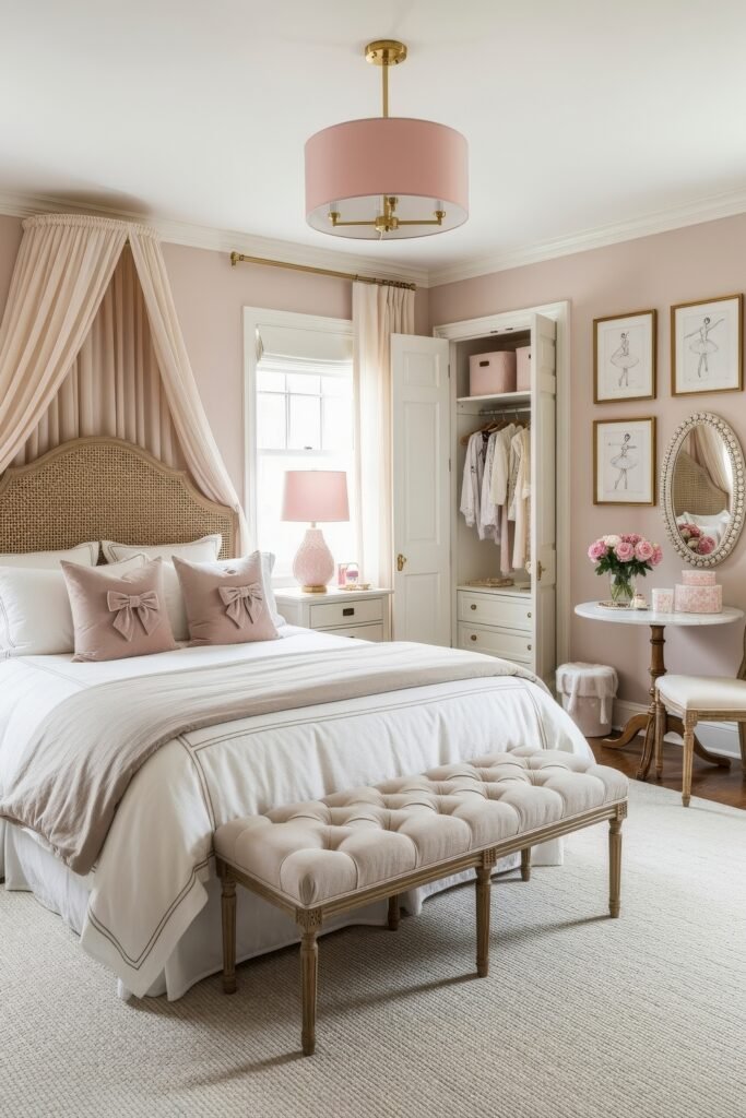 Fresh girls bedroom ideas for a stylish, cozy escape 7 Soft pink bedroom featuring a canopy bed, tufted bench, and ballerina-themed artwork, styled with delicate accents.
