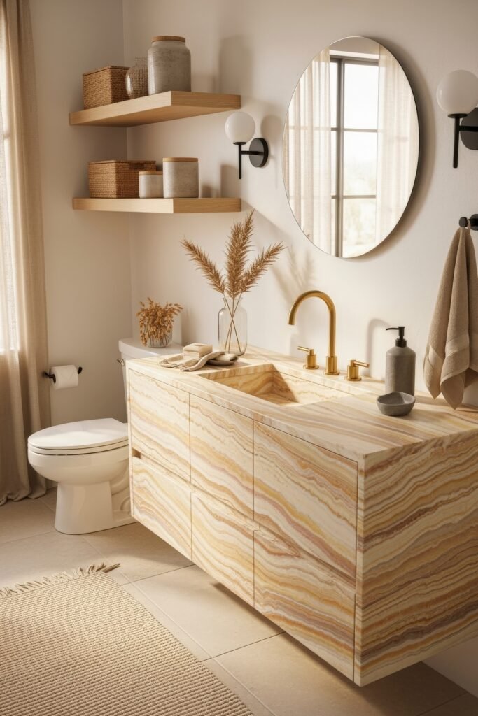 Bathroom Decor Inspo: Fresh Ideas for gold bathroom decor 7 Natural-toned bathroom with a striped stone vanity, gold fixtures, round mirror, and floating shelves styled with jars, baskets, and dried grasses.