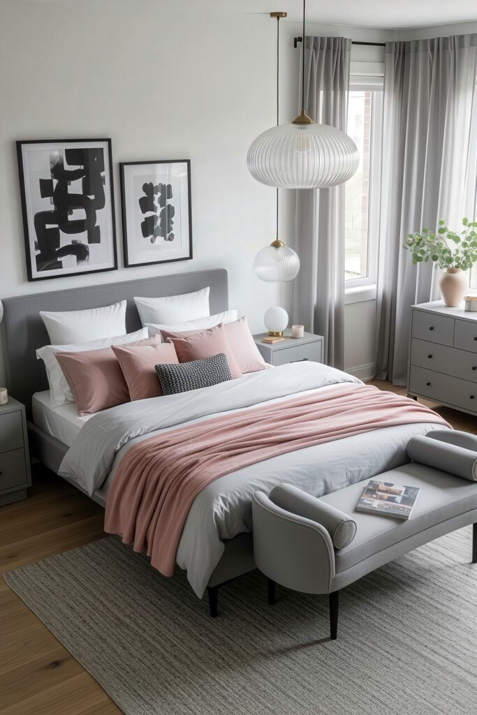 Grey bedroom ideas for a calm, stylish retreat 7 Chic bedroom ideas in grey with modern artwork, blush pink bedding accents, sleek furniture, and layered textures.