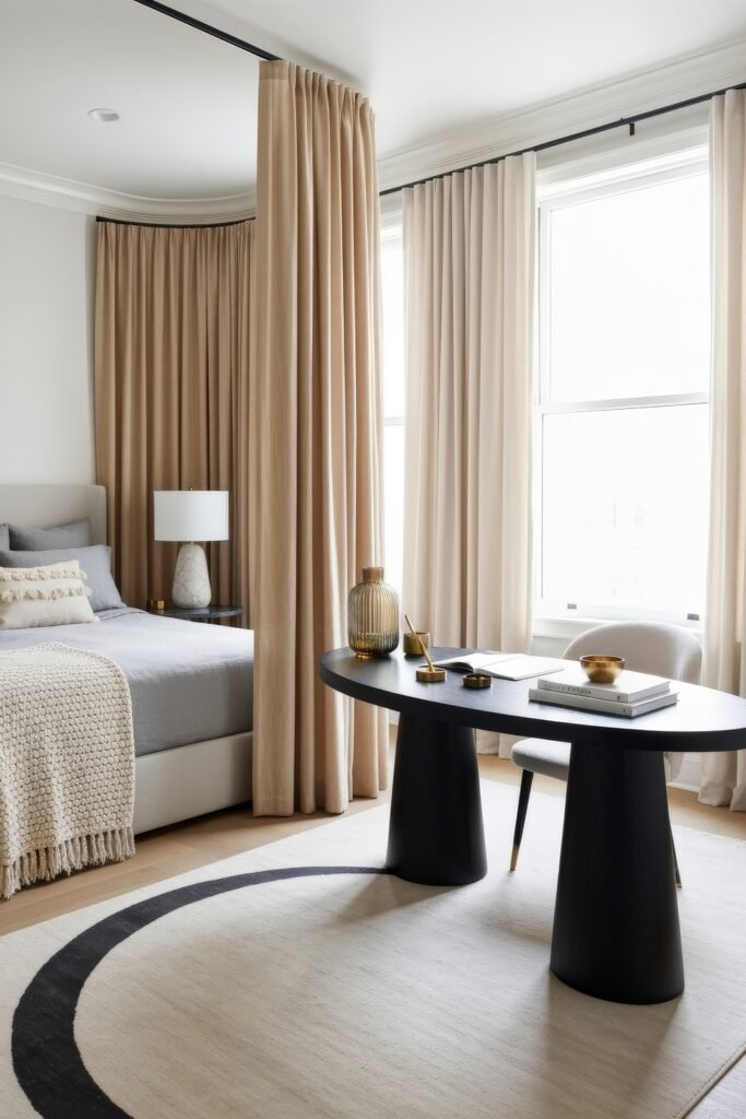 Clever Ways to Style a Home Office Guest Room Combo 7 Bright and airy combo space with a sleek black oval desk and a bed separated by beige curtains, blending workspace and guest room in a modern style.