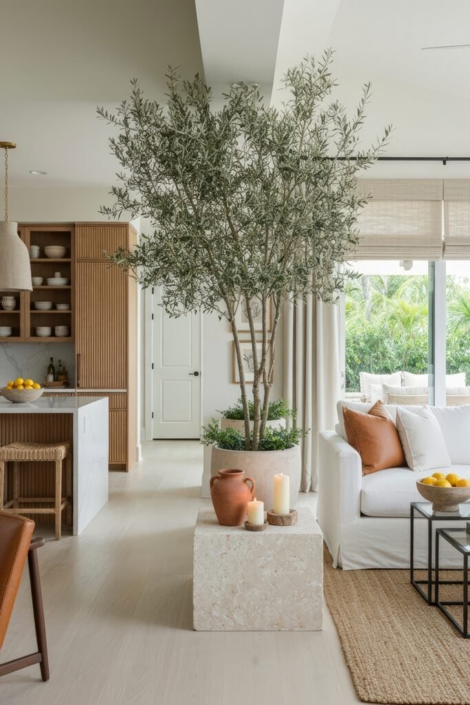 Smart Ways to Style a Kitchen and Living Room Combo 7 Tranquil and airy combo space with a large indoor tree, natural textures, and light wood tones, connecting a soft white living area and a modern kitchen with open shelving and earth-toned accents.