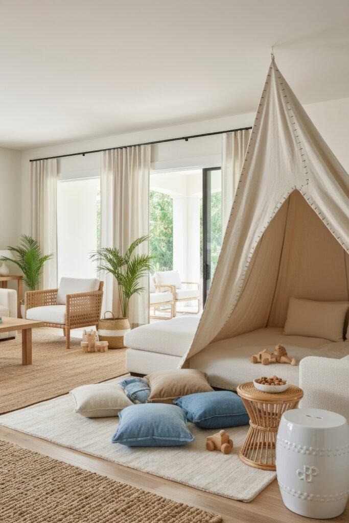 A Living Room Playroom Combo That Works 7 Airy living room with a tent-style canopy over a sectional sofa, natural woven textures, floor pillows, and wooden toys scattered on a rug.