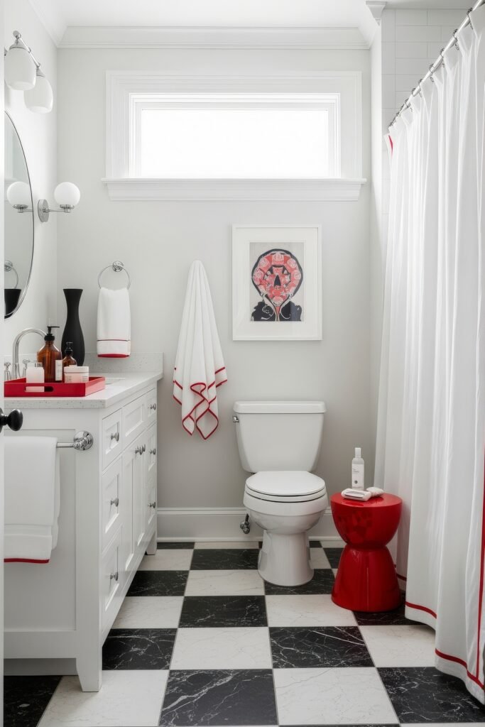 13 Bold Ideas for Red Bathroom Decor That Wow 6 Fresh white bathroom with black-and-white checkered floor, red side table, and red-trimmed towels, styled with minimal decor for a clean look.