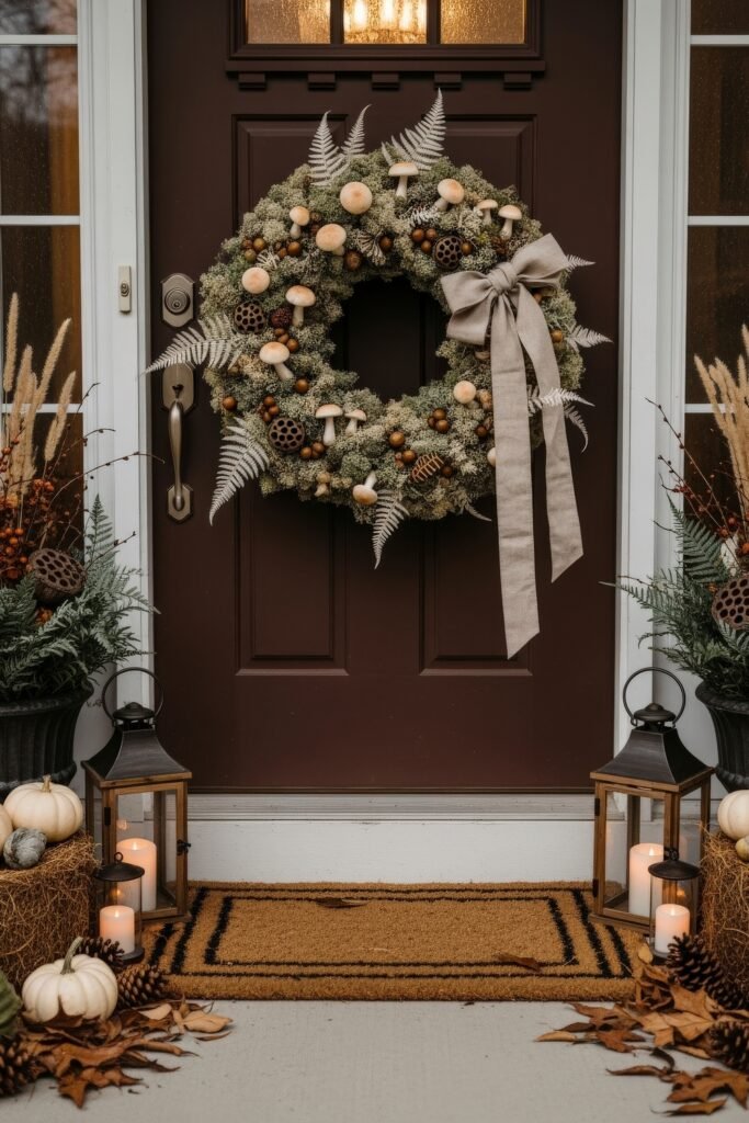 Warm, Modern Thanksgiving Door Decorations to Welcome Fall 5 Dark door accented with a large wreath of moss, mushrooms, and acorns, tied with a linen bow, alongside lanterns, pumpkins, and dried grasses for rustic fall style.