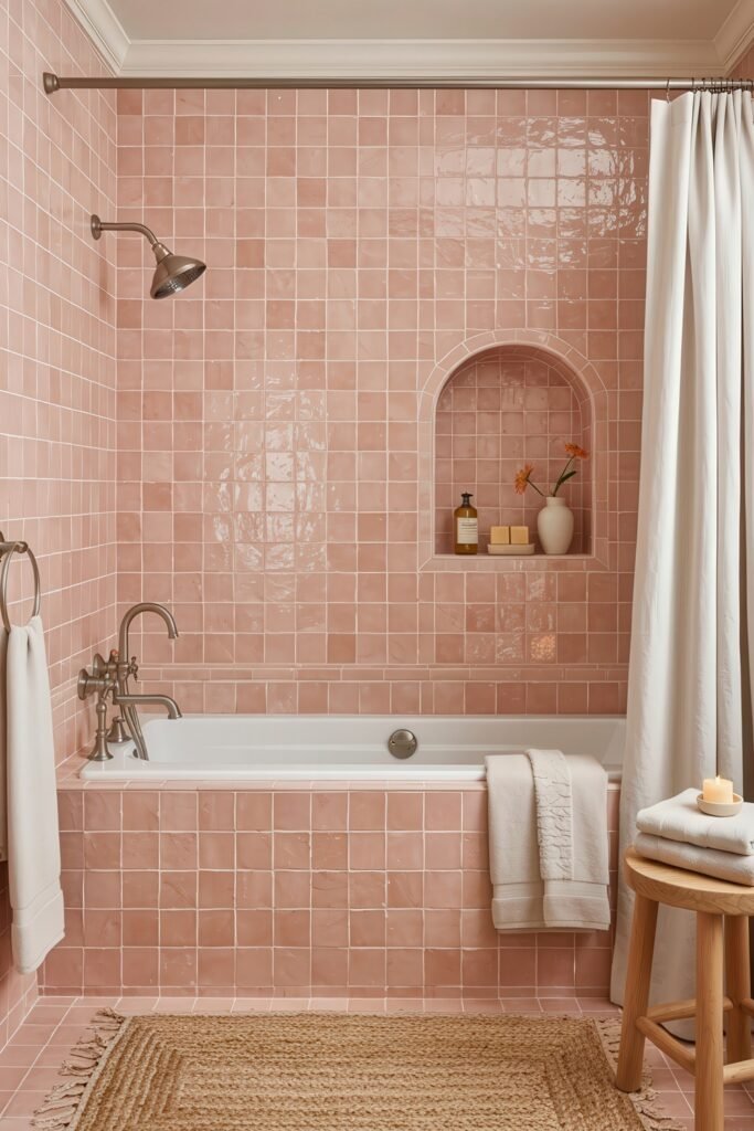 Fresh, Stylish Ways To Elevate Your Tub Shower Combo 7 Retro-inspired bathroom with glossy pink tiled tub shower combo, arched niche with soap and vase, brushed nickel fixtures, and layered white towels.