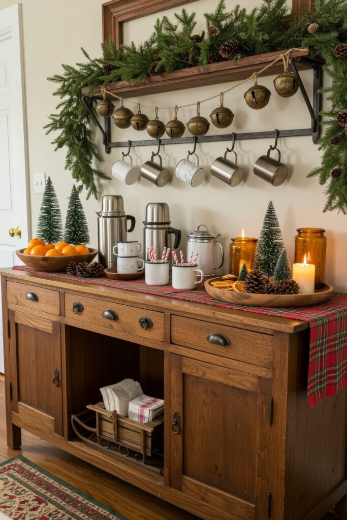 Cozy, Collected Magic With Vintage Christmas Decor Ideas 7 Wooden sideboard set up as a cocoa bar with thermoses, mugs, candles, pinecones, oranges, and greenery, accented with garland, bells, and a plaid table runner for warm vintage Christmas décor ideas.