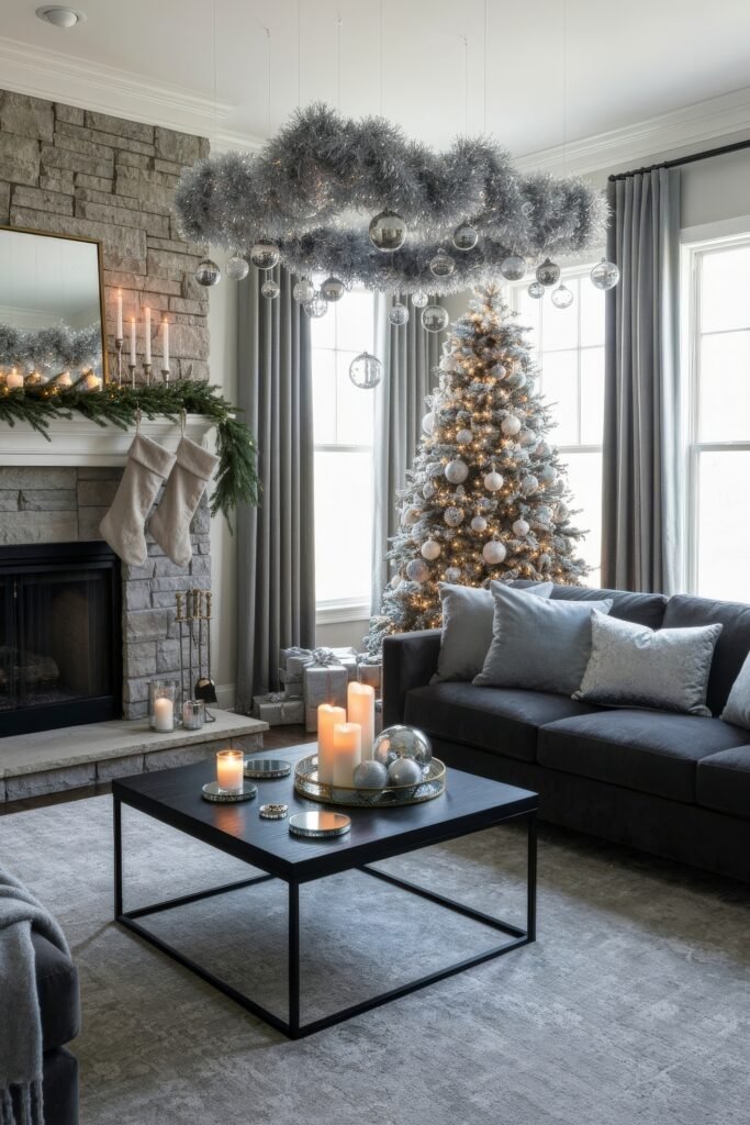Cozy, Modern Magic for Your christmas living room 8 A stylish christmas living room with a frosted tree, stone fireplace with greenery, and a shimmering silver chandelier, all paired with dark sofas and soft candlelight.
