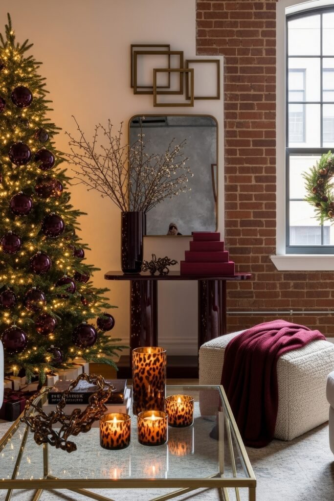 Cozy-Luxe Ideas for Burgundy Christmas Decor 5 Modern living room with a Christmas tree dressed in deep burgundy baubles, glowing candles, and warm holiday textures.