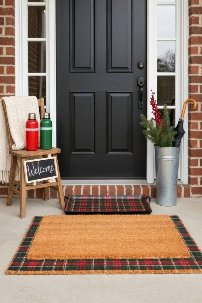 Cozy Entry Magic for christmas porch décor 6 Simple christmas porch décor featuring a plaid-trimmed doormat, chair with a knit blanket, red and green thermoses, and a galvanized bucket with greenery and berries.