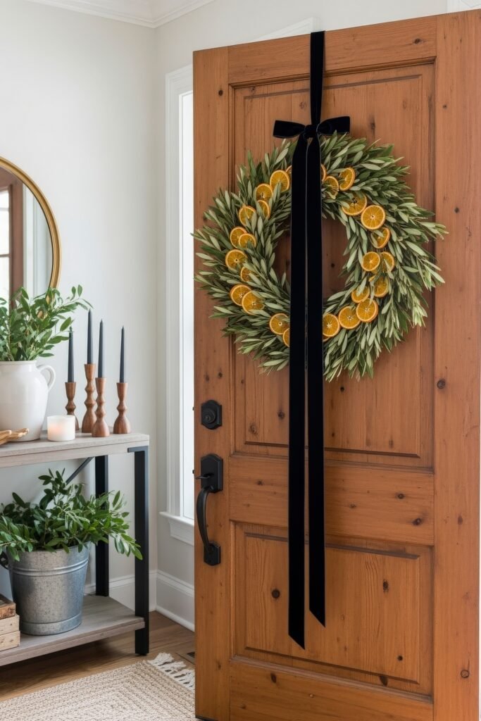 Cozy Ways to Style Farmhouse Christmas Décor 6 Wooden front door adorned with a festive wreath made of dried orange slices and greenery, tied with a black ribbon, complementing natural holiday accents inside.