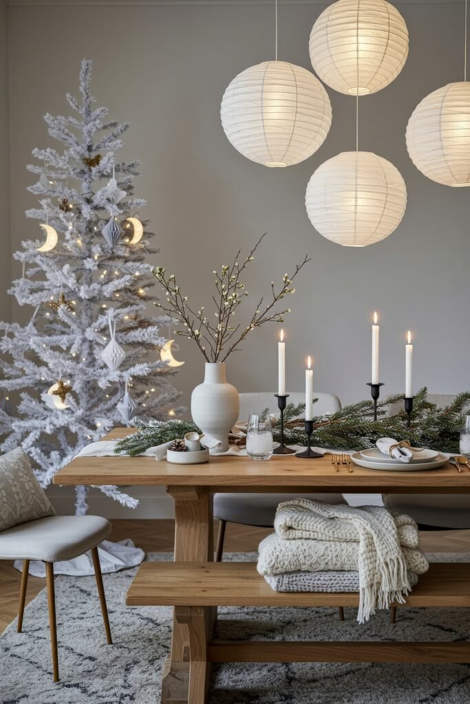 Dining room with a natural wood table set with greenery, candles, and white dinnerware, alongside a white Christmas tree with moon ornaments under paper lantern lights.