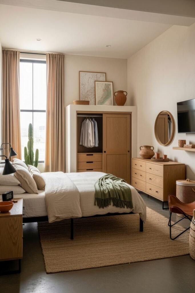 Effortlessly Stylish bedroom ideas for men That Feel Personal 8 Inviting bedroom with desert-toned textures, open wardrobe, earth-toned ceramics, and woven accents, offering a grounded, masculine design.