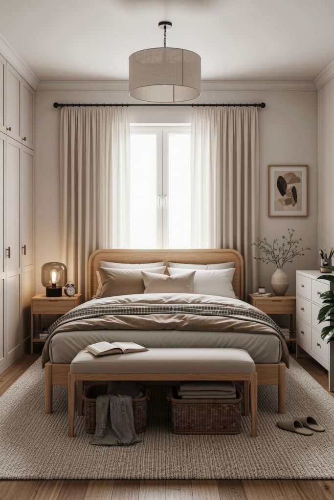 Warm-toned bedroom with a rounded wood headboard, soft layered bedding, and storage baskets beneath a bench for practical bedroom ideas.