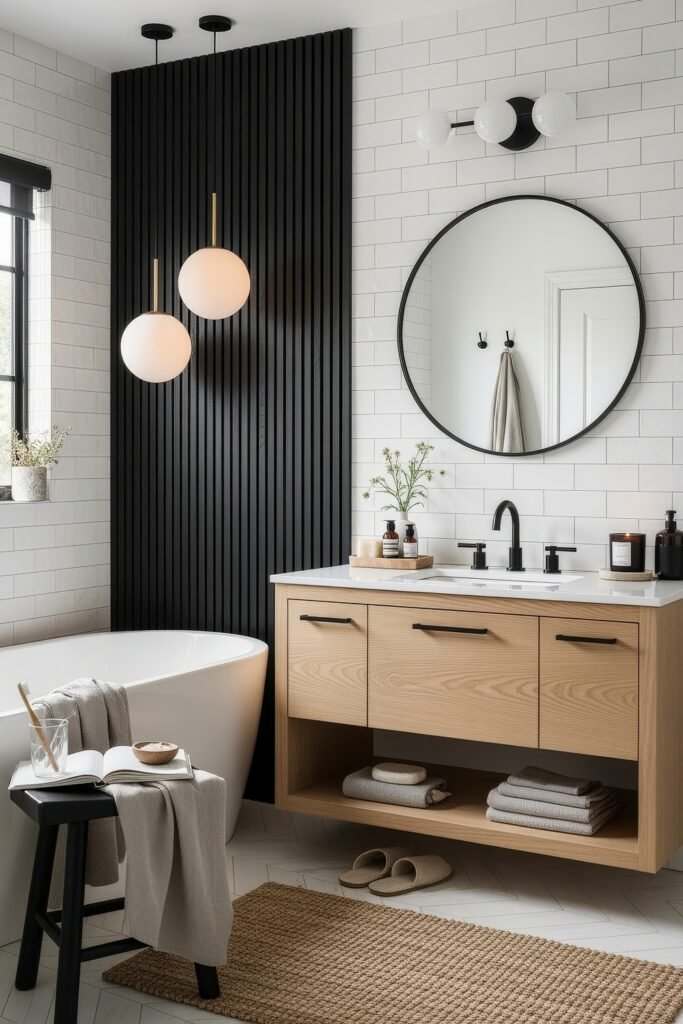 Fresh Ideas for Black and White Bathroom Decor 8 Scandinavian-inspired bathroom with a light wood vanity, black fixtures, white subway tiles, and a soaking tub accented by black slatted paneling and natural textures.