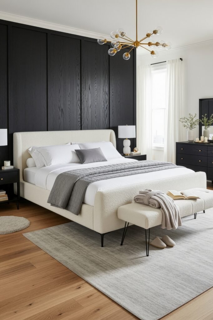 Elegant bedroom with a white upholstered bed, gray accents, a black paneled wall, and gold light fixtures, styled with a bench and layered rugs.