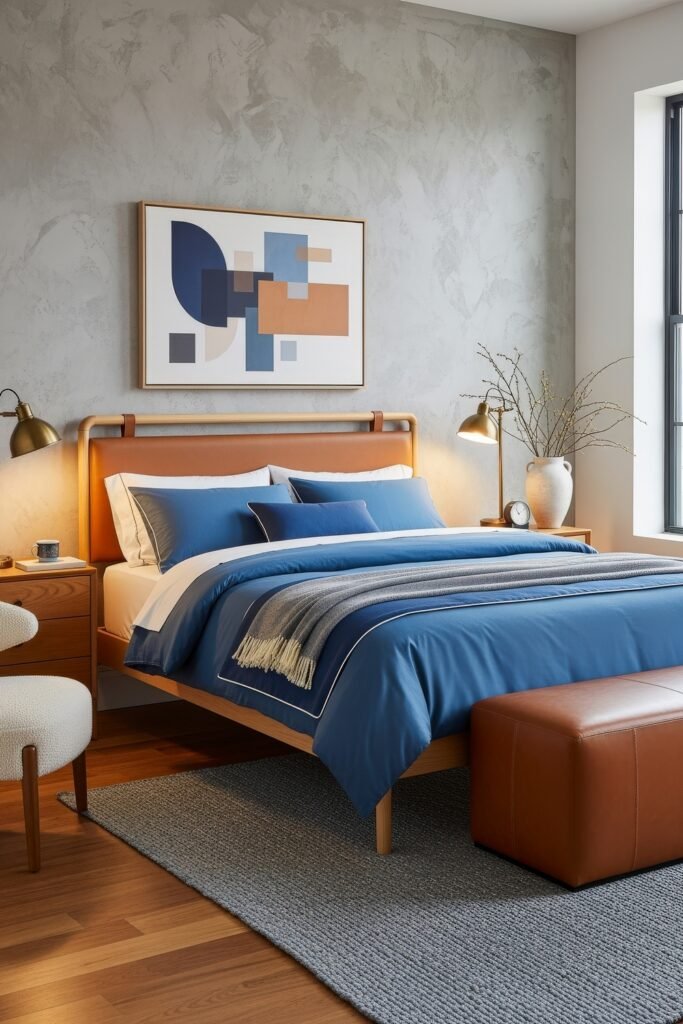 Fresh blue bedroom ideas for a calm, chic retreat 8 Stylish bedroom with a warm wood and leather bed frame, bold blue bedding, geometric wall art, and brass lamps for a modern touch.