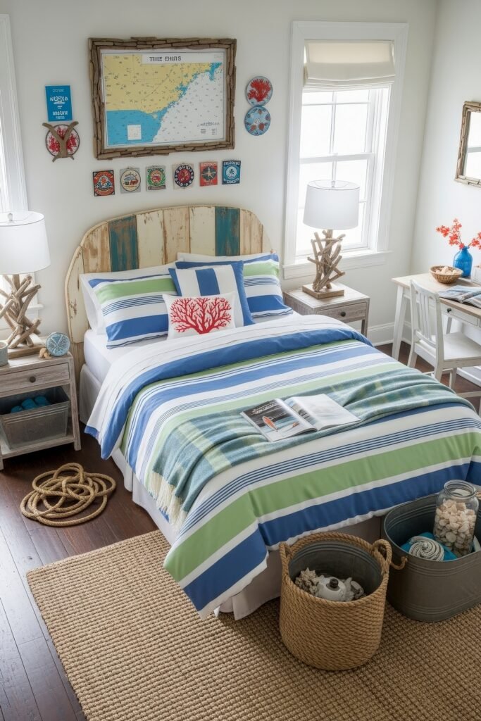 Breezy, Stylish Boys Bedroom Ideas for Modern Families 7 Nautical-themed bedroom with beachy striped bedding in blue and green, driftwood furniture, marine decor, and natural textures, evoking coastal charm.