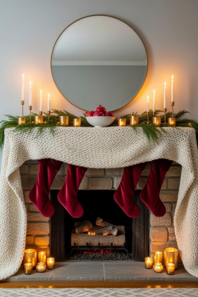 Cozy-Luxe Ideas for Burgundy Christmas Decor 6 Fireplace decorated with knit blanket garland, red velvet stockings, glowing candles, and a round mirror above.